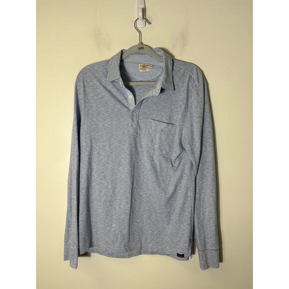 Men's Faherty Brand Blue and White Stripe Long Sleeve Polo Style Shirt Sz M - Picture 1 of 2